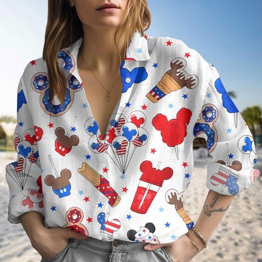 Disney Mickey Mouse 4th Of July Women Blouse, Mickey Snack Symbol Button Up Shirt, Mickey Donut Ice Cream July Fourth Patriotic Shirt