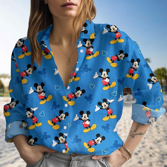Discover Disney Mickey Mouse Blouse Shirt, Magic Kingdom Outfit, Disney Park Summer Shirt, Disney Mouse Linen-Look Shirt, Womens Disney Top