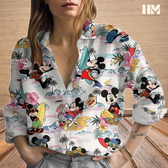 Mickey Aloha Summer Blouse Shirt, Mickey Mouse Shirt For Women, Disney Character Linen-look Shirt, Magic Kingdom Beach Shirt For Men