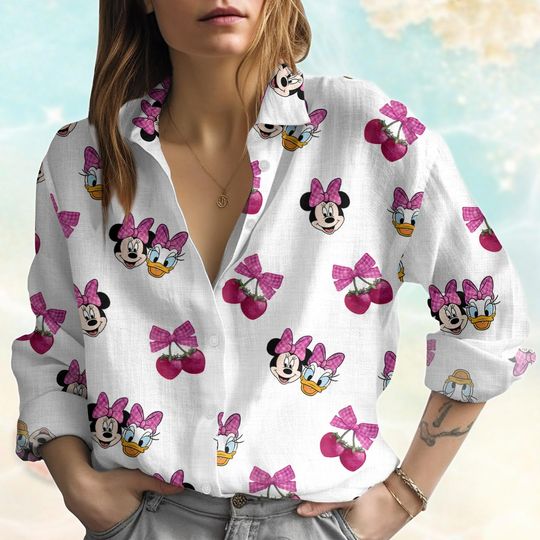 Minnie Mouse Coquette Linen-Look Shirt, Cherry Bow Blouse, Mickey & Friends Womens Top, Cute Disneyland Outfit, Summer Gift For Her