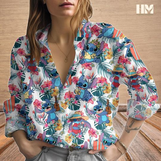 Stitch Aloha Summer Blouse Shirt, Lilo And Stitch Linen-Look Shirt, Disney Character Women Shirt, Magic Kingdom Shirt For Men