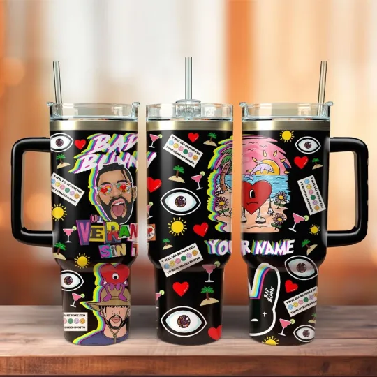 40 oz Tumbler with Handle - Custom Bad Bunny Music Design