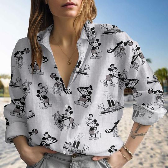 Mickey Mouse Steamboat Linen-look Shirt, Disney Mouse Blouse Women Shirt, Cartoon Casual Shirt, Beach Summer Shirt, Magic Kingdom Shirt