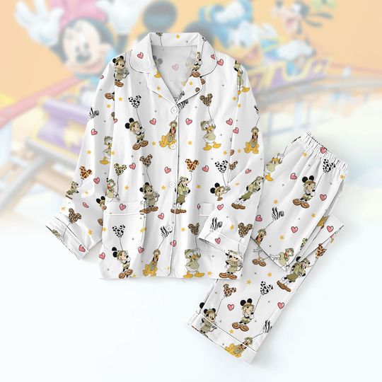 Retro Mickey And Friends Pajamas, Magic Kingdom Pajamas, Animal Kingdom Pajamas, Leopard Balloon Pajamas Set, 2025 Trip Holiday Pajamas