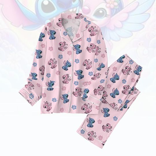 Disney Stitch And Angel Pajamas Set, Disneyland Trip Holiday Pajamas, Magic Kingdom Pajamas Women, Disney Valentine Pjs, Gift For Her