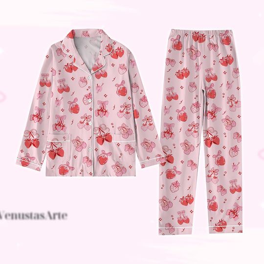Strawberry Pajamas Set, Coquette Bow Pajamas, Vintage Bow Women Pajamas Set, Cottage Core Strawberry Pajamas, Gift For Mom