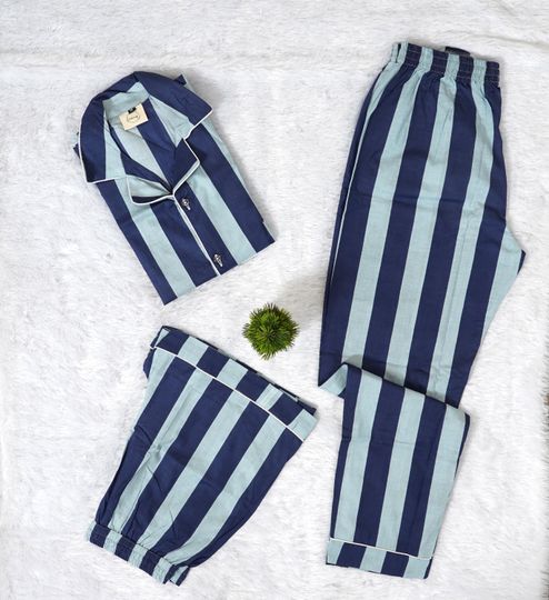 Striped Print Cotton Pajama, Night Wear Suite Bridesmaid Gift For Her, Cute sleepwear PJ's Set, Indian Lounge Night Dress, 4 Pcs Pajamas Set