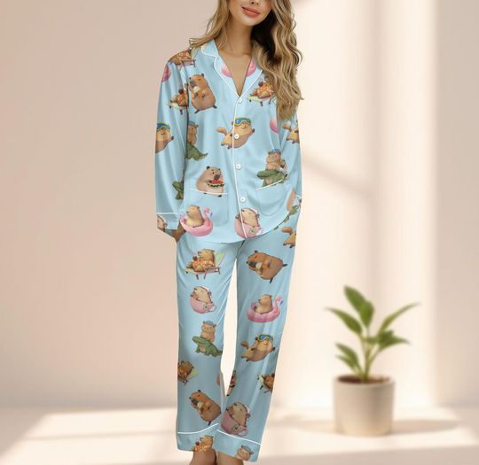 Cute Capybara Satin Pajamas Set For Women, Funny Matching Pajamas Set, Cozy Button Up Sleepwear, Chill Animal Loungewear, Funny Gift