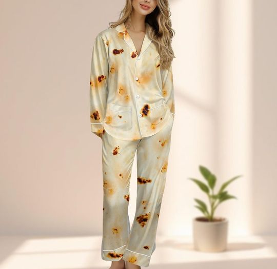 Funny Tortilla Satin Pajamas Set, Burnt Flatbread Print Sleepwear, Food Lover Loungewear, Unique Novelty Pjs Set, Gift For Her