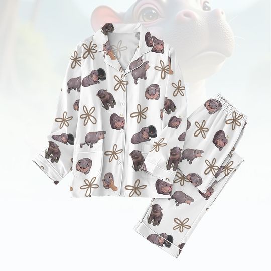 Moo Deng Pajamas Set, Baby Hippo Shirt, Hippopotamus Womens Pajamas, Trendy Pajamas For Party, Cute Animal Holiday Pajamas, Funny Gift