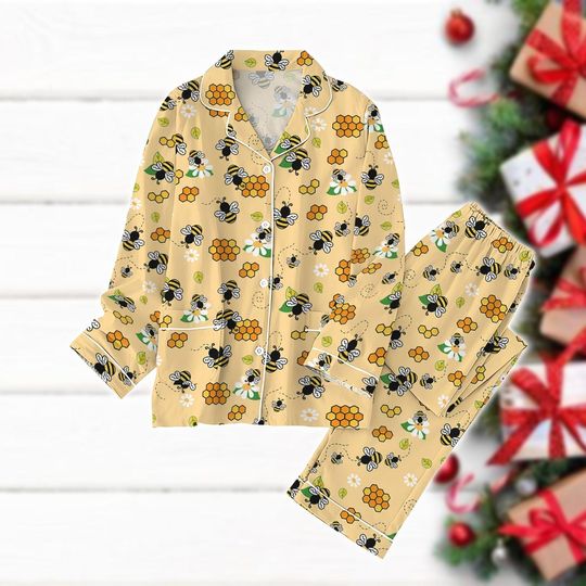 Christmas Bee Pajamas Set, Honey Bee Holiday Pajamas, Cute Bee And Flowers Kids Pajamas, Xmas Vacation Pjs, Christmas Holiday Gifts