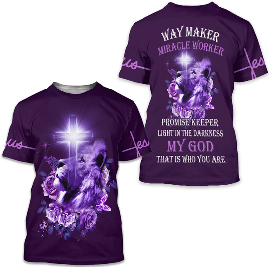 Lion Cross Light, Purple Rose Way Maker Miracle Worker Jesus 3D Shirt For Adults