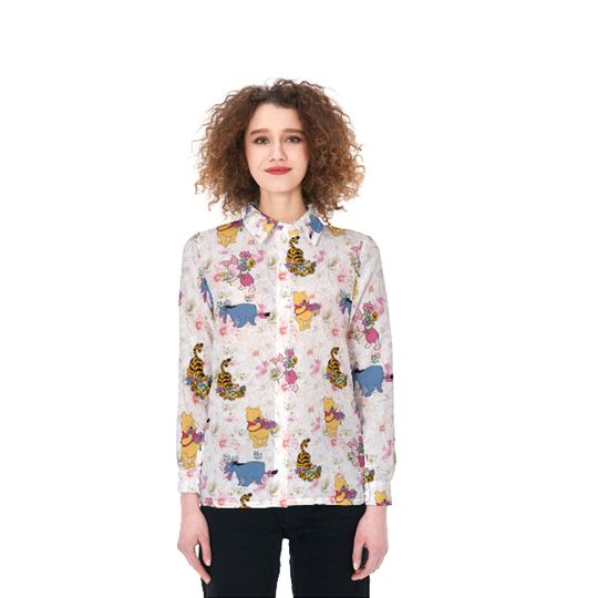 Winnie The Pooh Linen Shirt, Eeyore Tigger Piglet Casual Shirt, Pooh And Friends Women Blouses, Disney Cartoon Long Sleeve Shirt