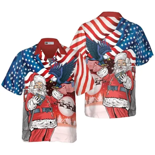 Christmas Hawaiian Shirt Eagle Perched On Santa8217s Hand With American F