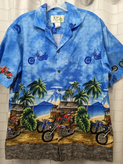 KY'S Hawaiian Shirt Motorcycles Blue Beach Ocean Button Men's Medium w/flaw