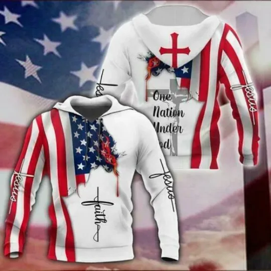 Jesus American Flag Faith One Nation Under God 3D HOODIE US Size Mother Gift