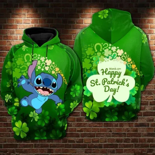 Cute Stitch Happy St Patrick's Day Green Shamrock Clover 3D HOODIE Best Price