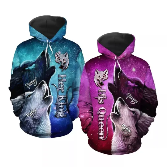 Wolf Couple Her King His Queen Valentine Gift Blue 3D HOODIE All Over Print