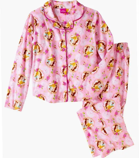 Disney Princess Belle Button Up Pajamas 2 PC set 6 7 10 12 Girls Sleepwear New