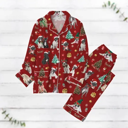 Boston Terrier Dog Christmas Pajamas   Luxury Silk Pajamas Soft Sleepwear For