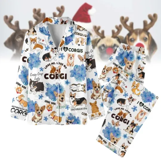 White Corgi Dog Christmas Pajamas Set, Luxury Silk Pajamas Soft Sleepwear For