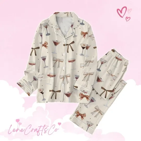 Espresso Martini Thick Pajamas, Cocktail Coquette Pajamas Set, Luxury Silk