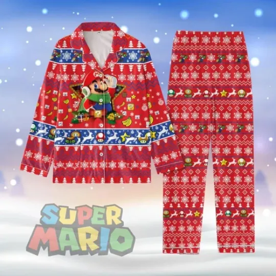 Super Mario Christmas Pajamas Set, Luxury Silk Pajamas Soft Sleepwear For Women
