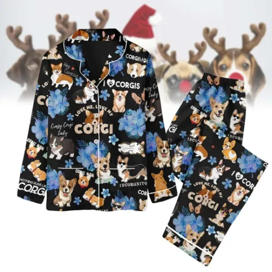 Black Corgi Dog Christmas Pajamas Set, Luxury Silk Pajamas Soft Sleepwear For