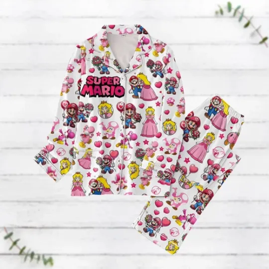 Super Mario And Princess Peach Couple Pajamas Set, Luxury Silk Pajamas Soft