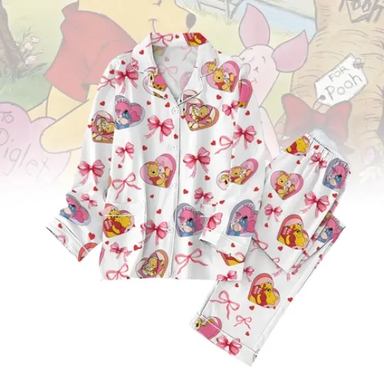 Winnie The Pooh Valentine_s Day Pajamas Set, Luxury Silk Pajamas Soft Sleepwear