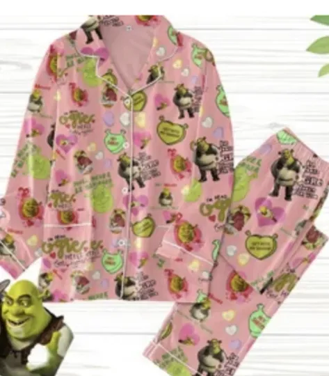 Shrek Face Pajamas Set, Luxury Silk Pajamas Soft Sleepwear For Women