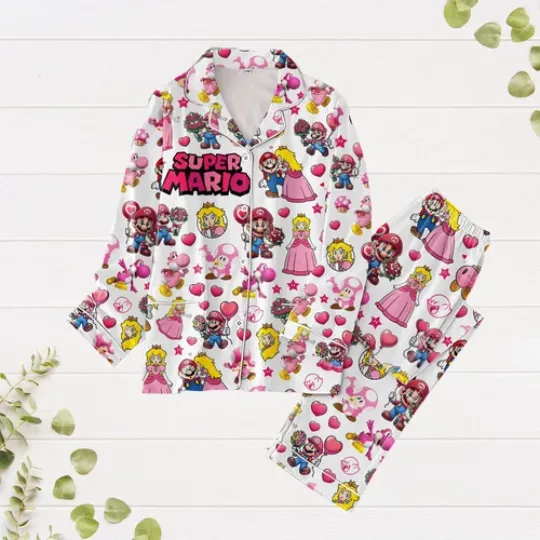 Super Mario Valentines Pajamas Set, Luxury Silk Pajamas Soft Sleepwear For Women