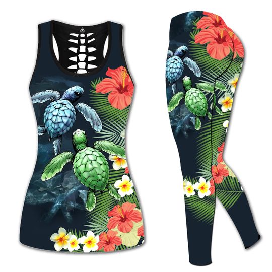 Female Turtle Hollow Tank Top Legging Set | Yoga Set | Women's Day gift