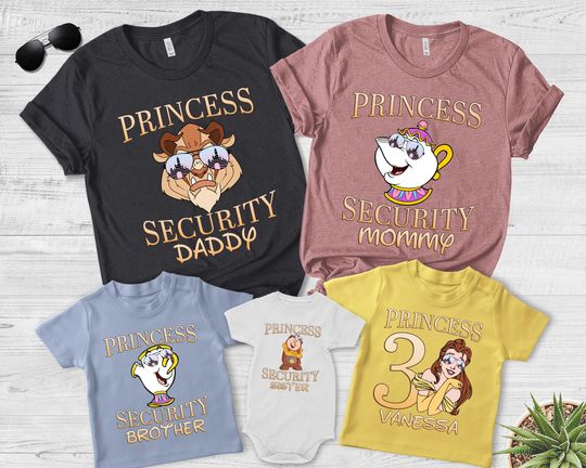 Personalized Princess Security T-Shirts, Custom Daddy Shirt, Disney Princess Belle, Gifts for Dad and Daughter, Beauty and The Beast