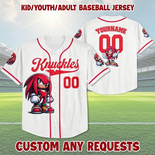 Custom Sonic The Hedgehog Knuckles Baseball Jersey, Sonic Knuckles Jersey, Custom Kid Youth Adult Sonic Jersey