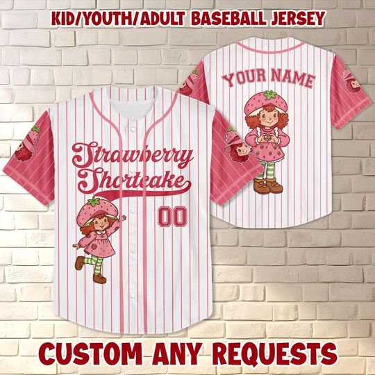 Personalized Strawberry Shortcake Baseball Jersey, Gift for Kids, Strawberry Birthday Gift, Gift For Baseball Fans, Sweet Girl Shirt
