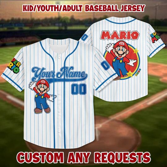 Personalized Super Mario Baseball Jersey, Mario Birthday Boy Gift, Custom Super Mario and Friends Jersey, Super Mario Family Birthday Party