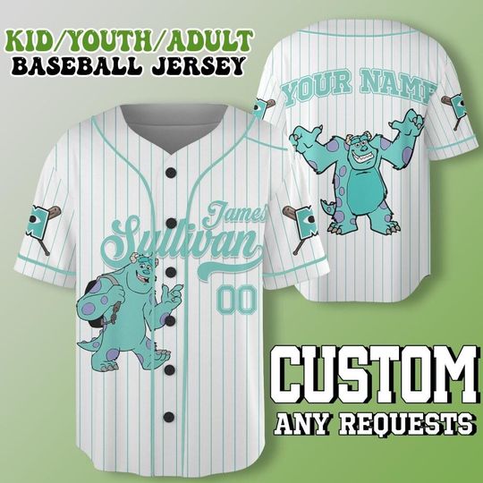 Custom Monsters Inc Sulley Baseball Jersey for Kids Youth Adults Personalized Disney Shirt Pixar Gift Matching Family Outfit