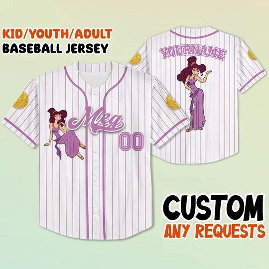 Custom Hercules Meg Baseball Jersey, Kid Youth Adult Jersey, Personalized Name Jersey, Disney Family Trip Outfit, Gift for Cartoon Fans