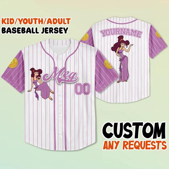 Custom Hercules Meg Baseball Jersey, Kid Youth Adult Jersey, Personalized Name Jersey, Disney Family Trip Outfit, Gift for Cartoon Fans