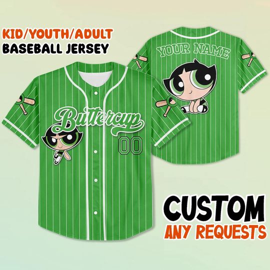 Custom Powerpuff Girls Buttercup Green Baseball Jersey, Powerpuff Girls Jersey, Personalized Jersey, Cartoon Team Shirt, Gift for Fans