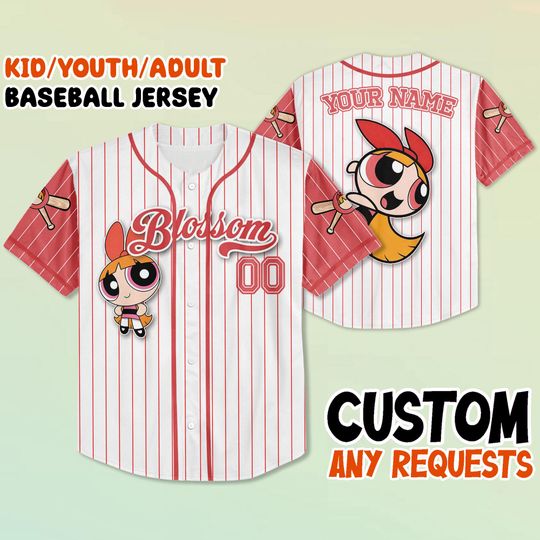 Custom Blossom Baseball Jersey, Kid Youth Adult Jersey, Personalized Name Number Shirt, Power Cartoon Family Jersey, Gift for Fans