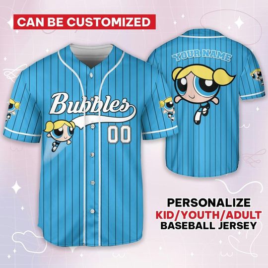 Personalize Bubbles Jersey Blue White, Funny Powerpuff Girls 90s Cartoons, Retro Power Puff Girls Family Jersey, Birthday Gift For Fans