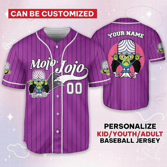 Personalize Mojo Jojo Jersey Violet White, Funny Powerpuff Girls 90s Cartoons, Retro Power Puff Girls Family Jersey, Birthday Gift For Fans
