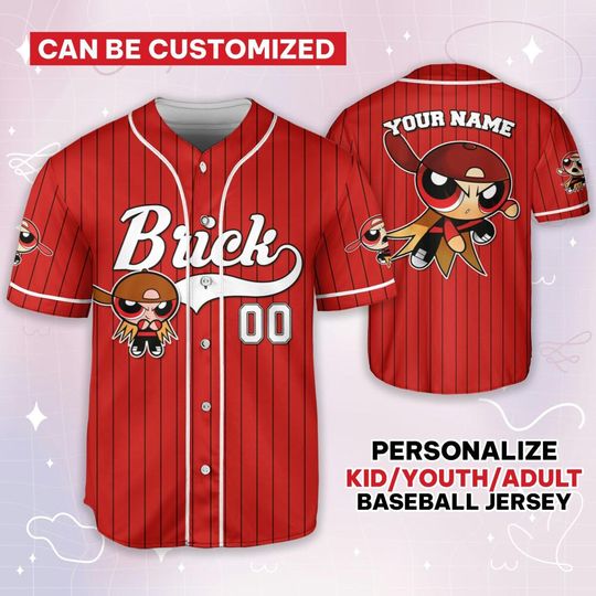 Personalize Brick Jersey Red White, Funny Powerpuff Girls 90s Cartoons, Retro Power Puff Girls Family Jersey, Birthday Gift For Fans