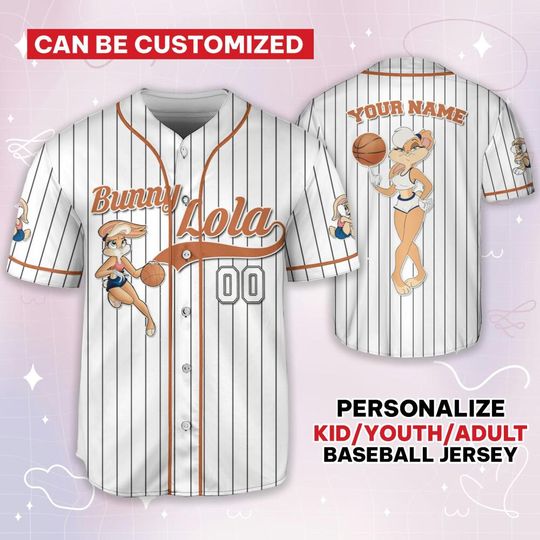Personalize Bunny Lola Jersey Orange White, Baseball Team Outfit, Gift for Space Jamz Fans, Tune Squad Jersey, Family Jersey