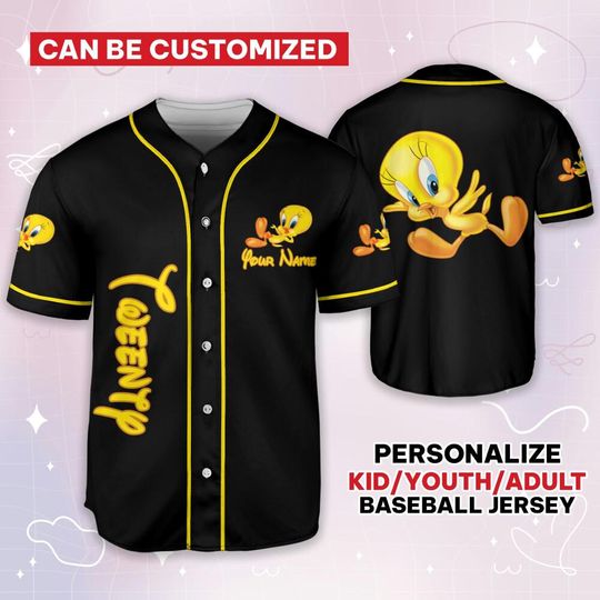 Personalize Looney Tunes Tweety Black Yellow, Baseball Team Outfit, Gift for Space Jamz Fans, Tune Squad Jersey, Family Jersey