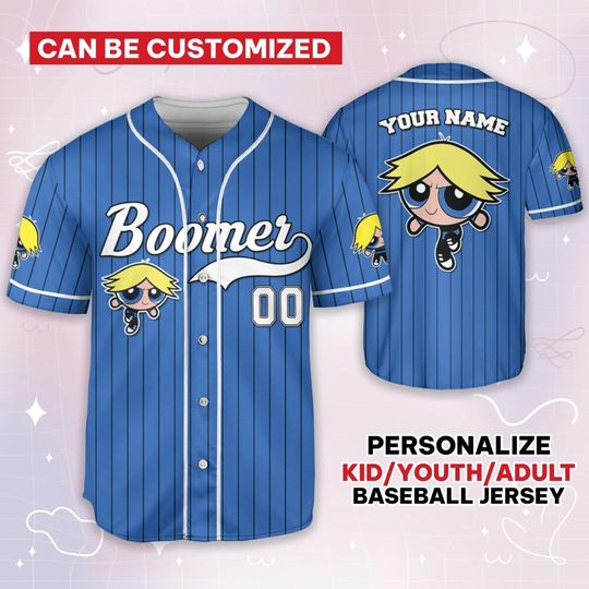 Personalize Boomer Jersey Blue White, Funny Powerpuff Girls 90s Cartoons, Retro Power Puff Girls Family Jersey, Birthday Gift For Fans