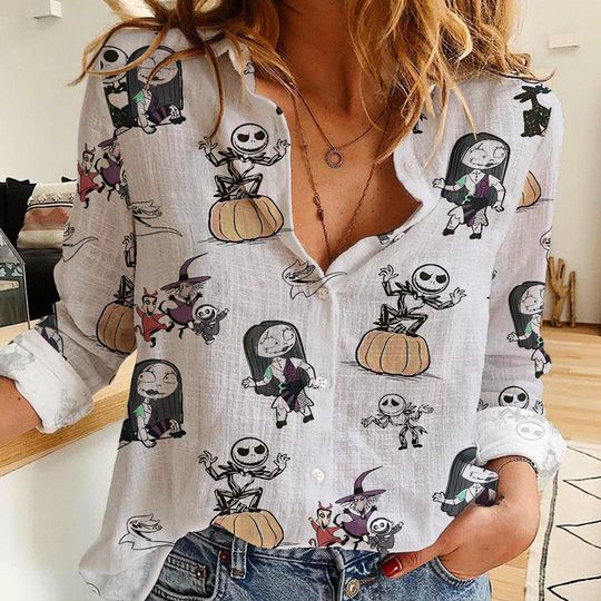 The Nightmare Before Xmas Team Sally Lock Shock Barrel Women's Linen Casual Shirt, Disney Women Blouses Shirt, Disney Vintage Shirt
