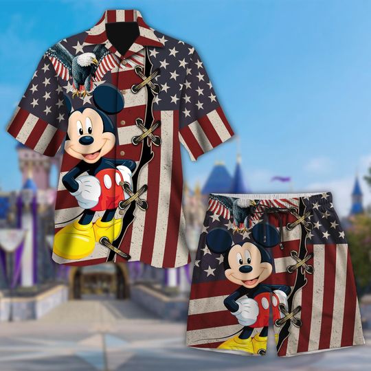 Mouse And American Flag Hawaiian T Shirt Fan Gift, 4th July US Flag Patriot Day Hawaiian Shirt, Summer Beach Trip Family Hawaii Tee